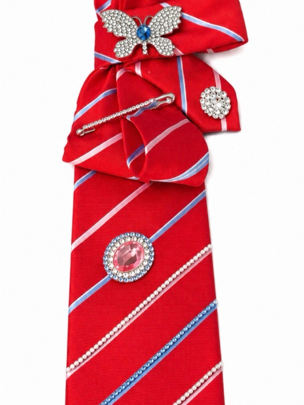 One-of-a-Kind Embellished Red Statement Necktie w/ Pearls & Rhinestones